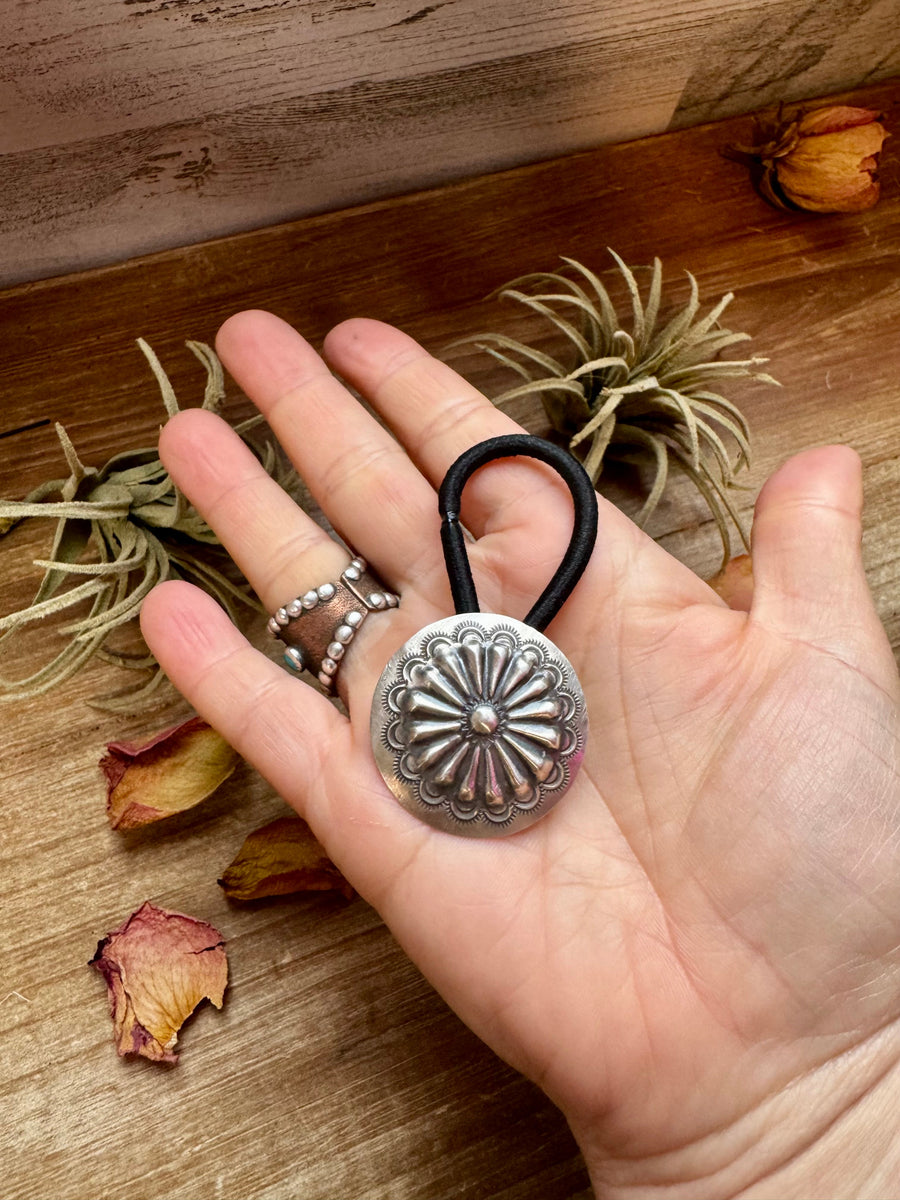 Sterling Silver Hair Tie – Stamped Concho Detail – Rose Layne Boutique